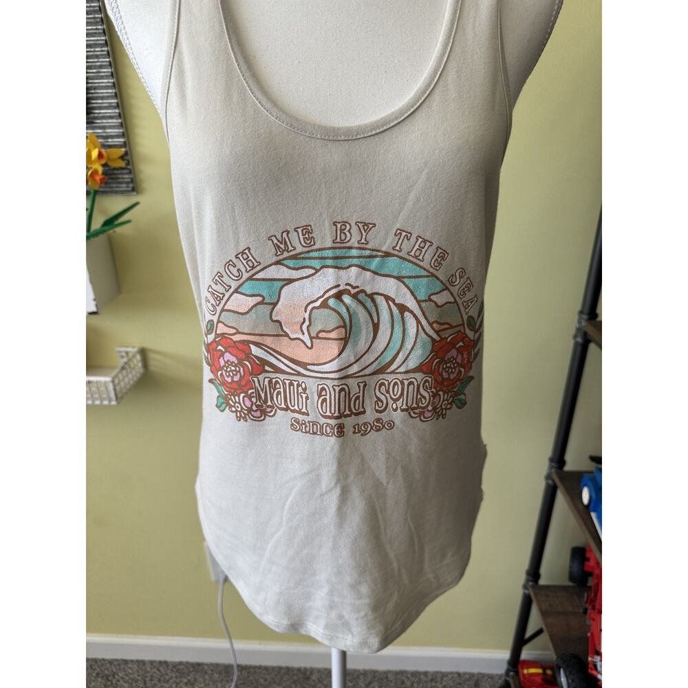 Maui & Sons Graphic Tank Top LrgSurf Wave Retro Beach Skater Tee Cream Racerback